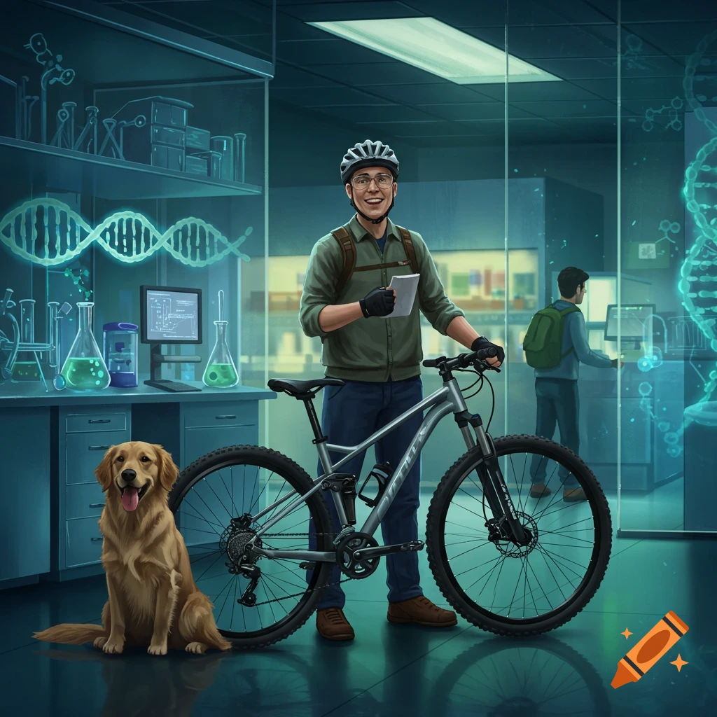 A smiling man in a lab with a bicycle, holding a paper, while a golden retriever sits beside him. Holographic DNA strands glow in the background.