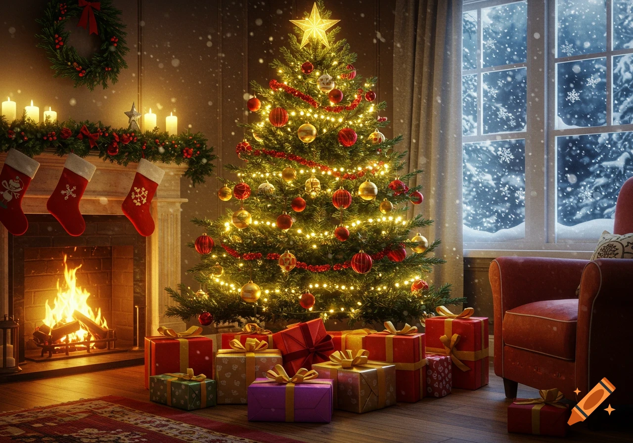 A cozy living room at night with a brightly lit Christmas tree, a roaring fireplace, wrapped gifts, and snow falling outside a window.