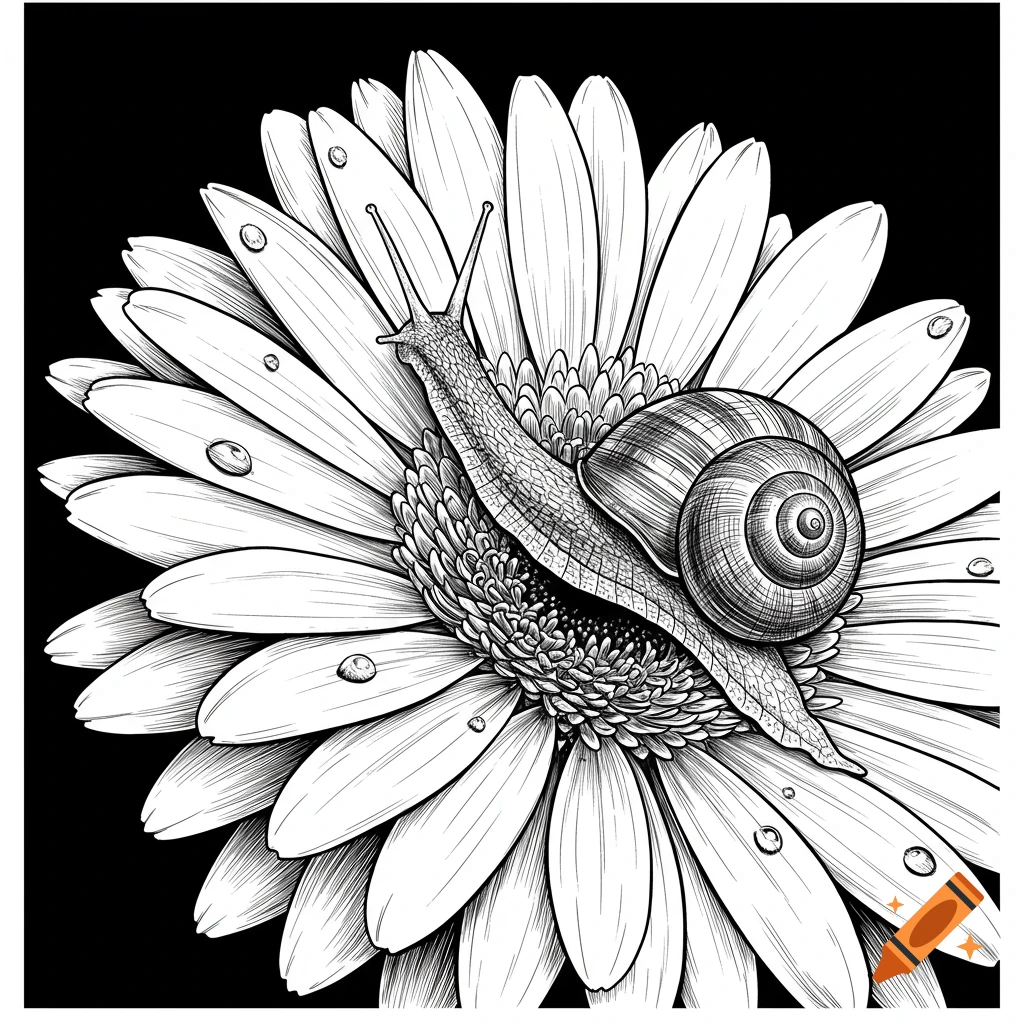 Close-up outline illustration of a snail with a spiral shell on a large gerbera daisy with water droplets, black background.