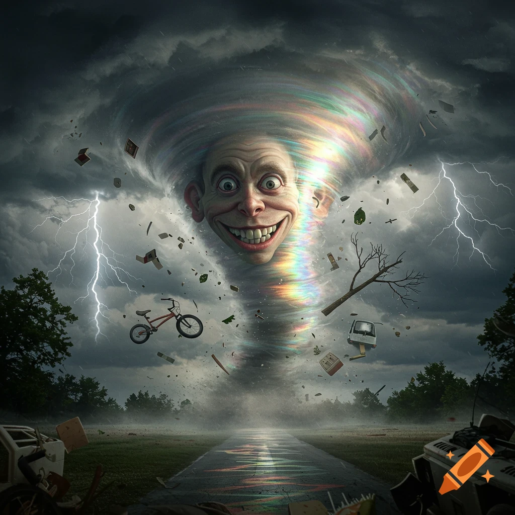 A giant, grotesque grinning face forms a rainbow tornado, swirling debris like a bicycle and tree under a dark, lightning sky.