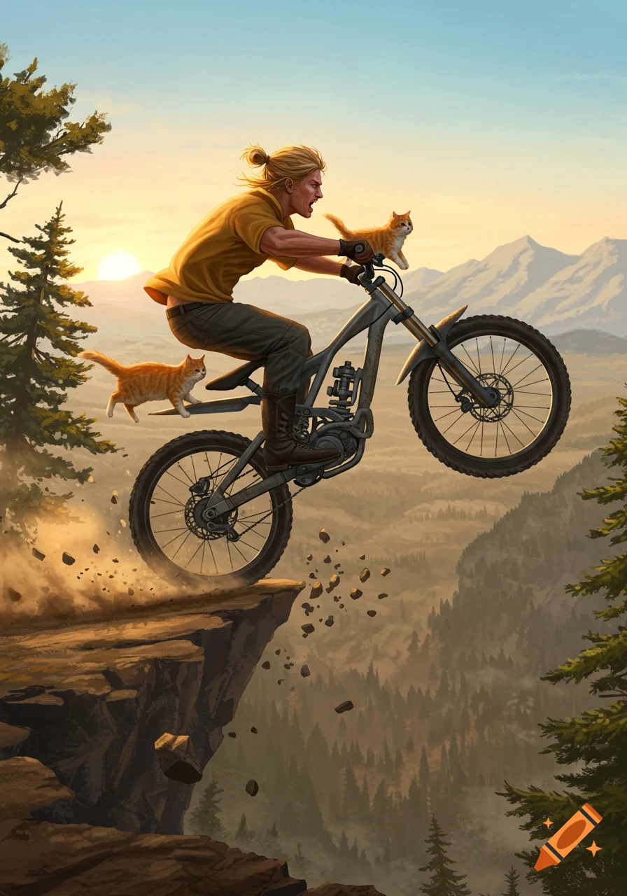 Man on a mountain bike with two ginger cats jumping off a cliff at sunset, digital art.