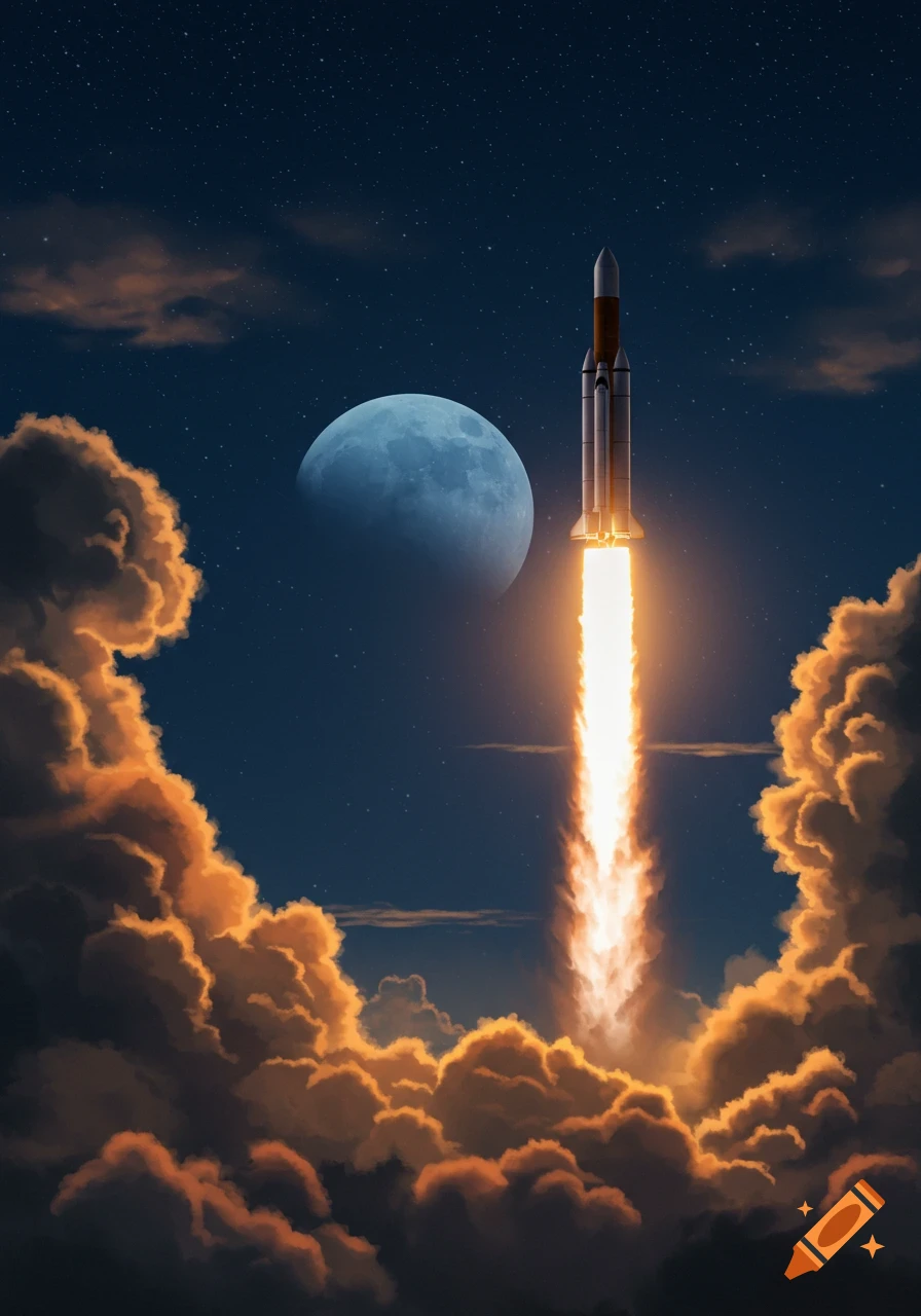 A rocket launches into a starry night sky, with a large blue moon and fiery orange clouds from the exhaust.