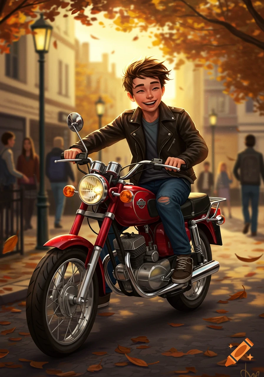 A smiling boy in a leather jacket and jeans rides a red motorcycle on an autumn city street with golden sunlight, in an illustrated style.