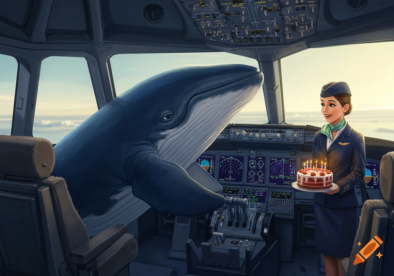 A large blue whale is in an airplane cockpit with an air hostess holding a birthday cake.