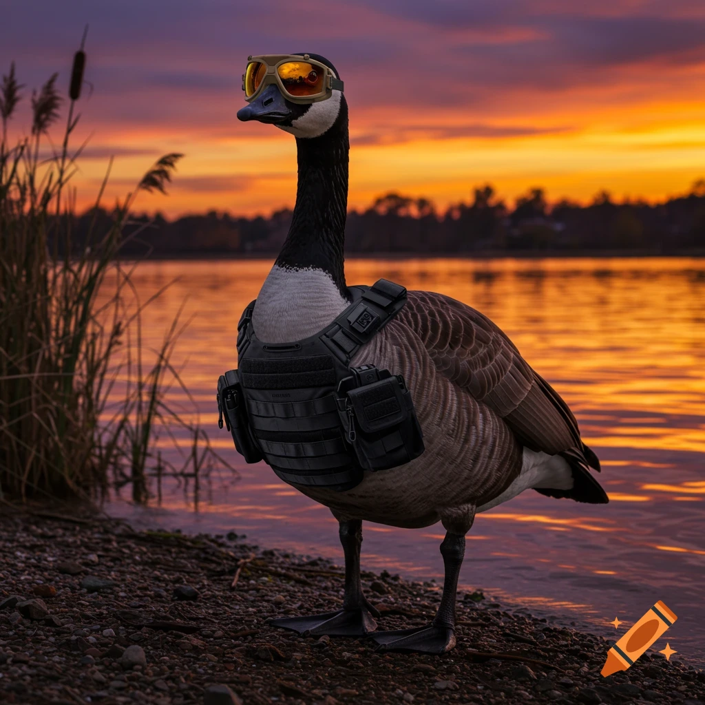 A photorealistic Canadian goose wearing tactical goggles and a vest stands on a pebbly shore by a lake at a vibrant sunset.
