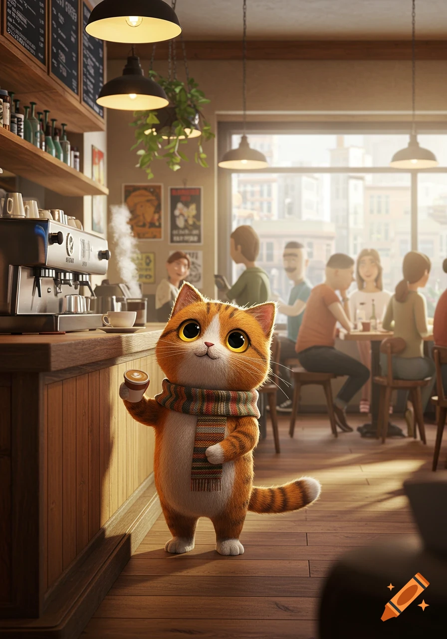 A cute, fluffy orange and white cartoon cat with big eyes, wearing a striped scarf, holds a tiny coffee cup in a bustling cafe.