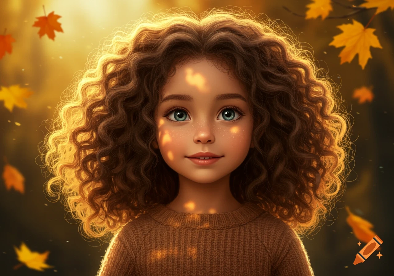Close-up portrait illustration of a young girl with curly brown hair and blue eyes, dappled in sunlight, with autumn leaves in the background.