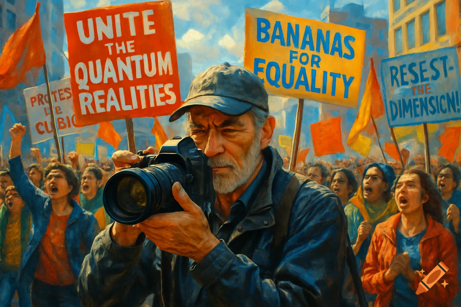 A photojournalist with a camera in a crowd of protesters holding signs with bizarre, AI-generated slogans like 'UNITE THE QUANTUM REALITIES' and 'BANANAS FOR EQUALITY.' The image has a painterly style.
