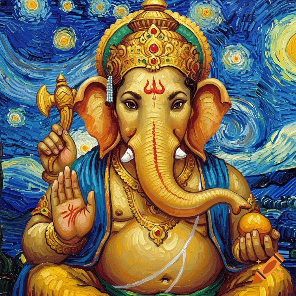 Painting of Ganesha seated, holding an axe and a sweet, against a swirling starry blue background in Van Gogh's impasto style.