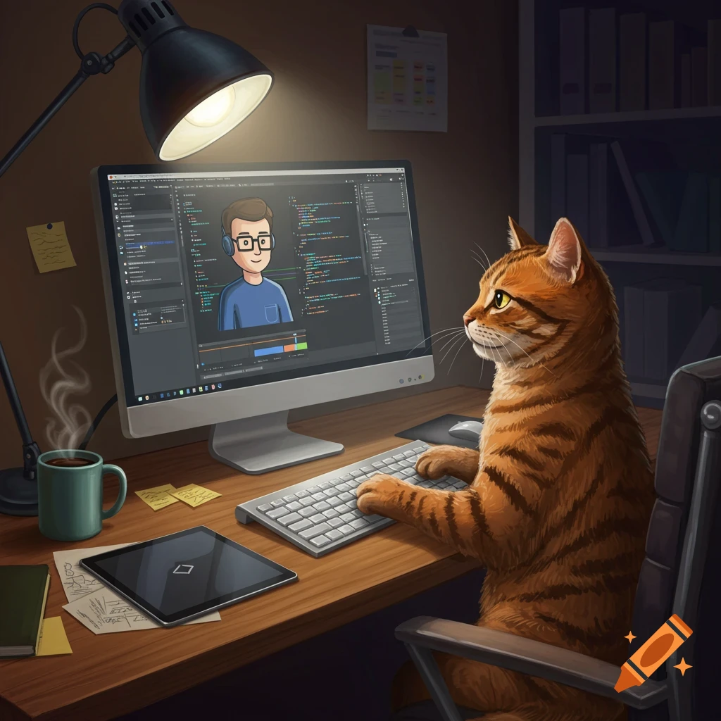 An illustrative image of an orange tabby cat sitting at a desk, typing on a computer keyboard. The monitor shows a cartoon software developer.