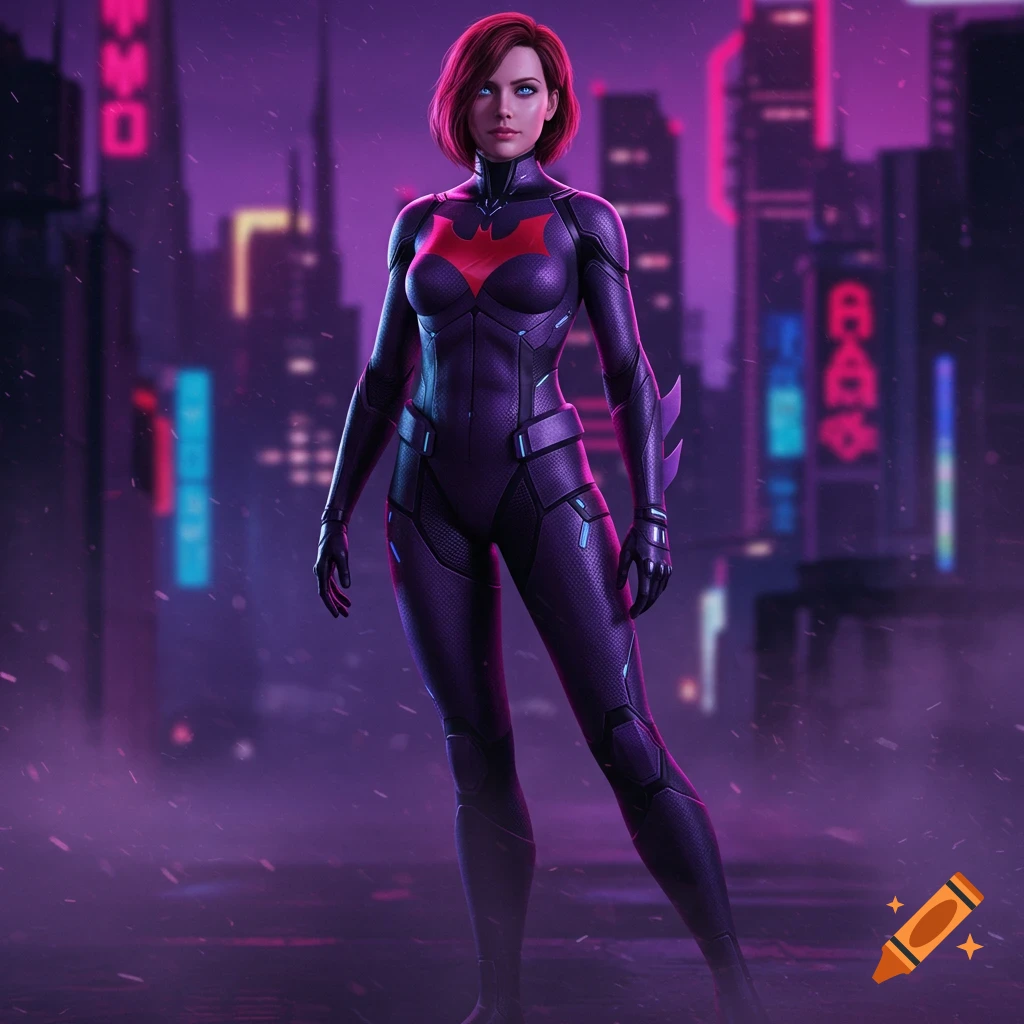 A woman in a purple superhero suit with a red bat symbol, short red hair, and blue eyes stands in a neon-lit cyberpunk city.