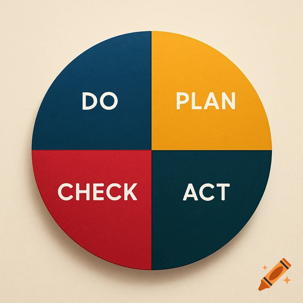 A colorful PDCA cycle diagram, a pie chart divided into four sections labeled Plan, Do, Check, and Act.