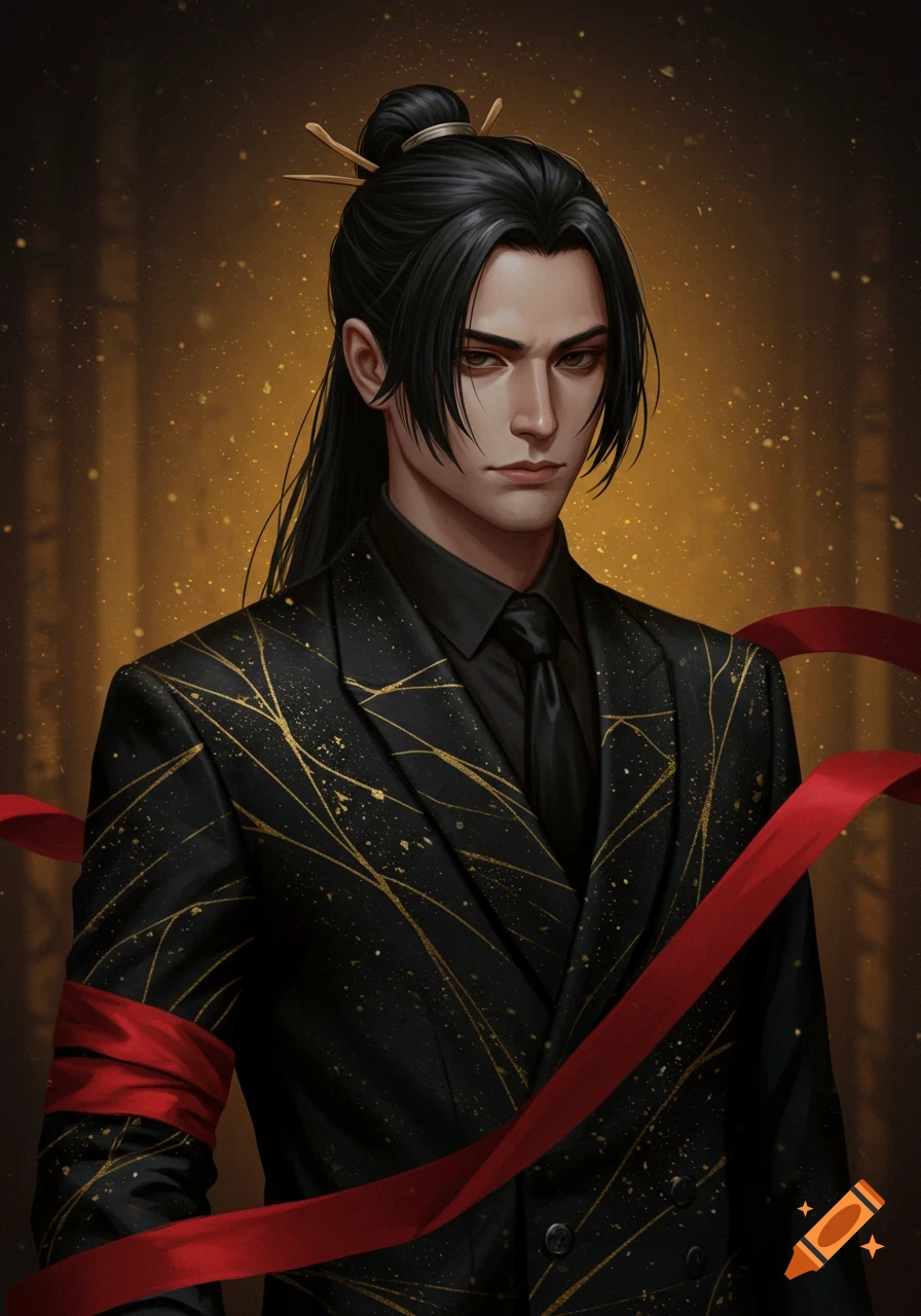 An elegant man with long black hair, held by wooden pins, wears a black suit with golden lines and a red ribbon, rendered in an anime-like style.