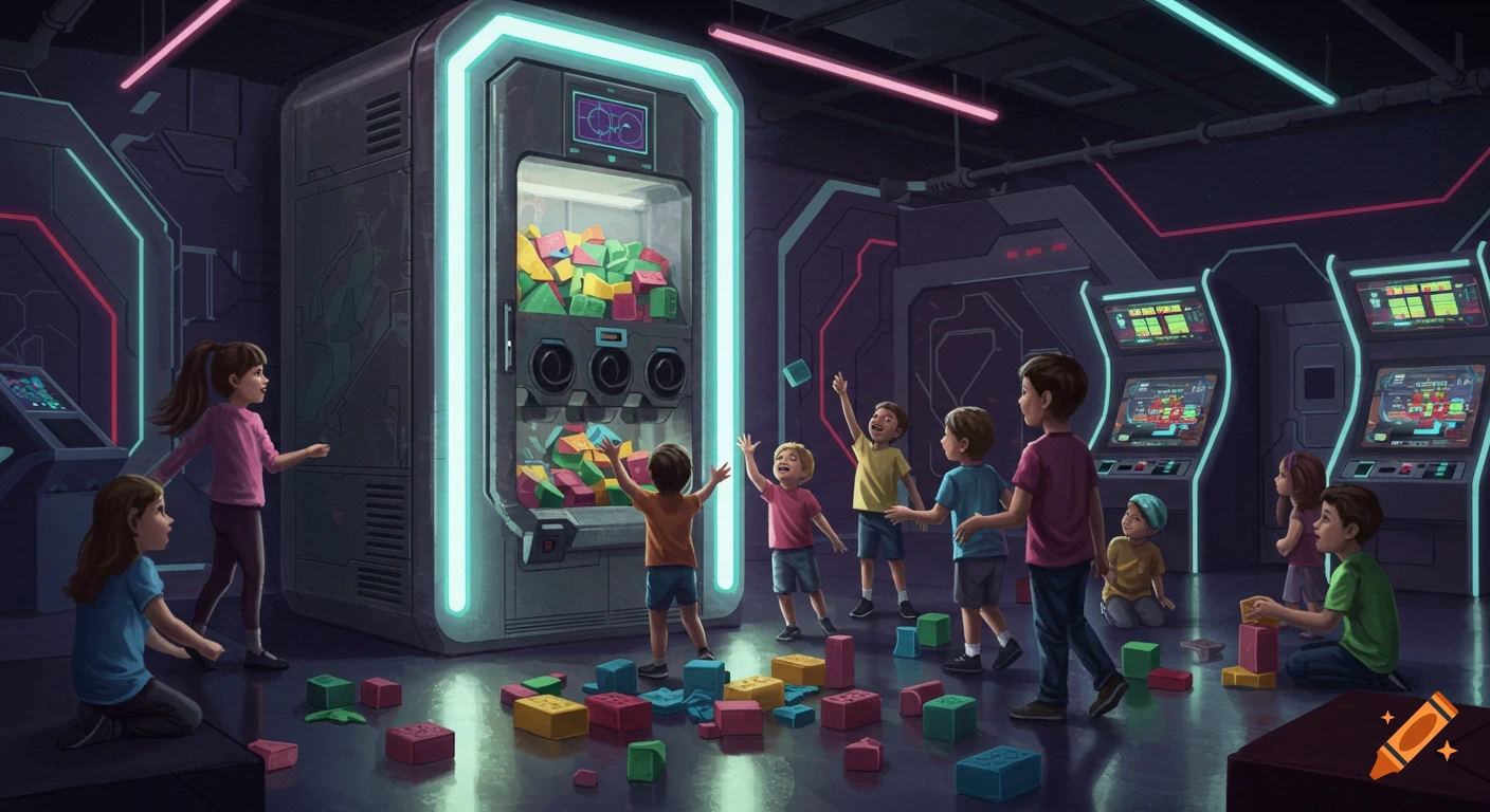 Children playing with colorful building blocks dropped from a large futuristic dispenser machine in a neon-lit arcade.