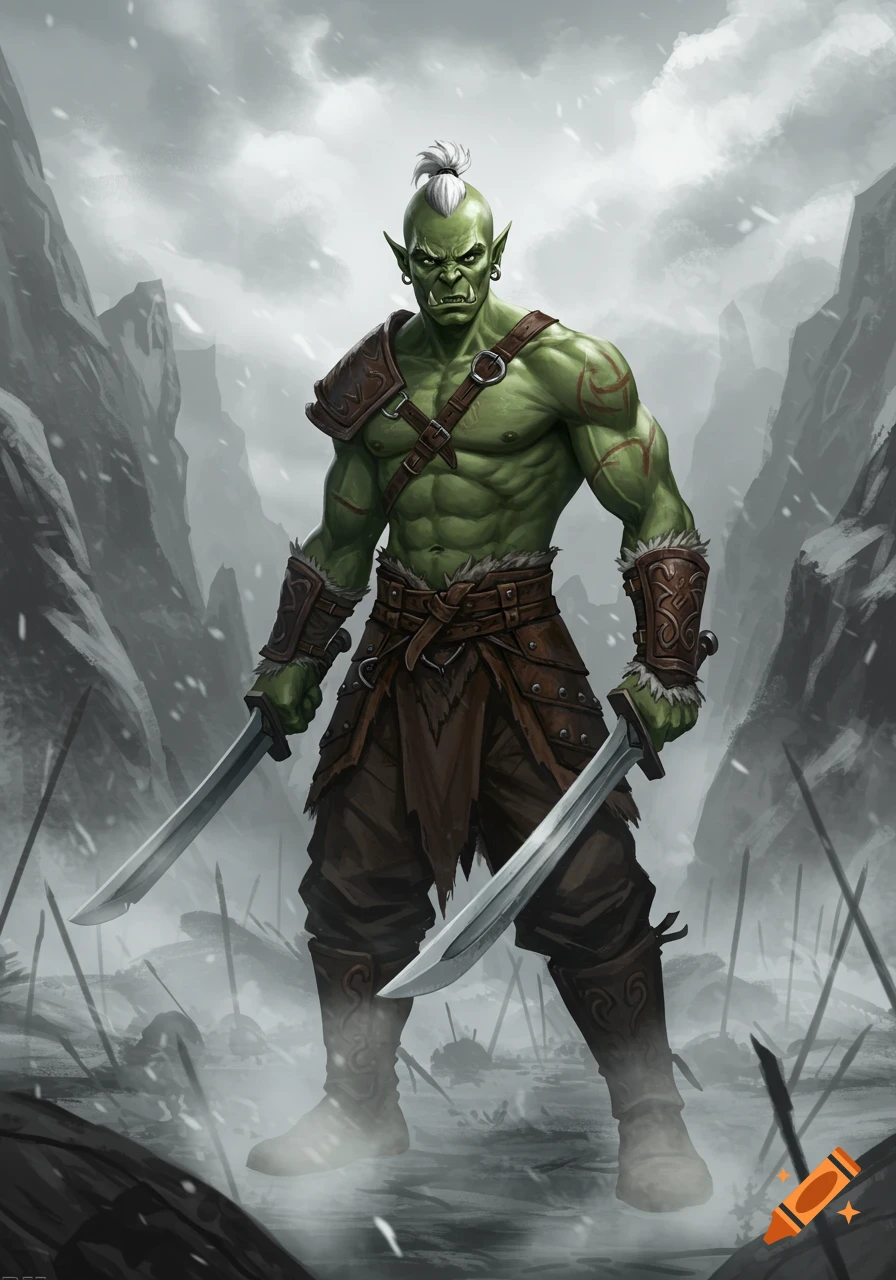 Illustration of a muscular green orc with a white mohawk, wearing leather armor, holding two swords in a snowy mountain pass.