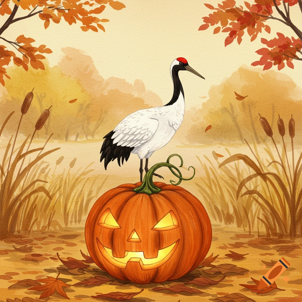 A red-crowned crane sits atop a glowing jack-o-lantern in an autumn children's book illustration style.
