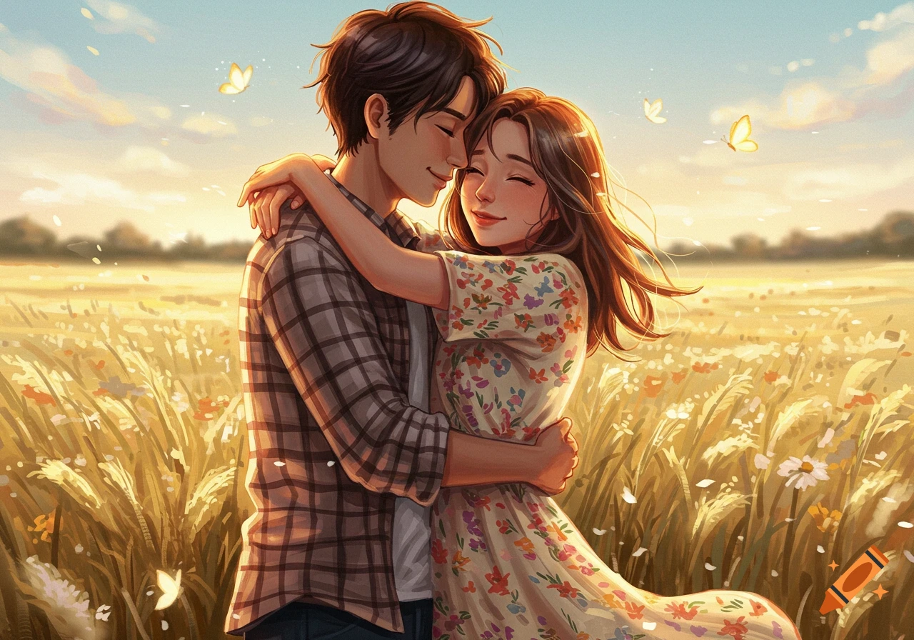 A young anime couple hugs tenderly in a golden, sunlit field filled with flowers and tall grass under a blue sky.