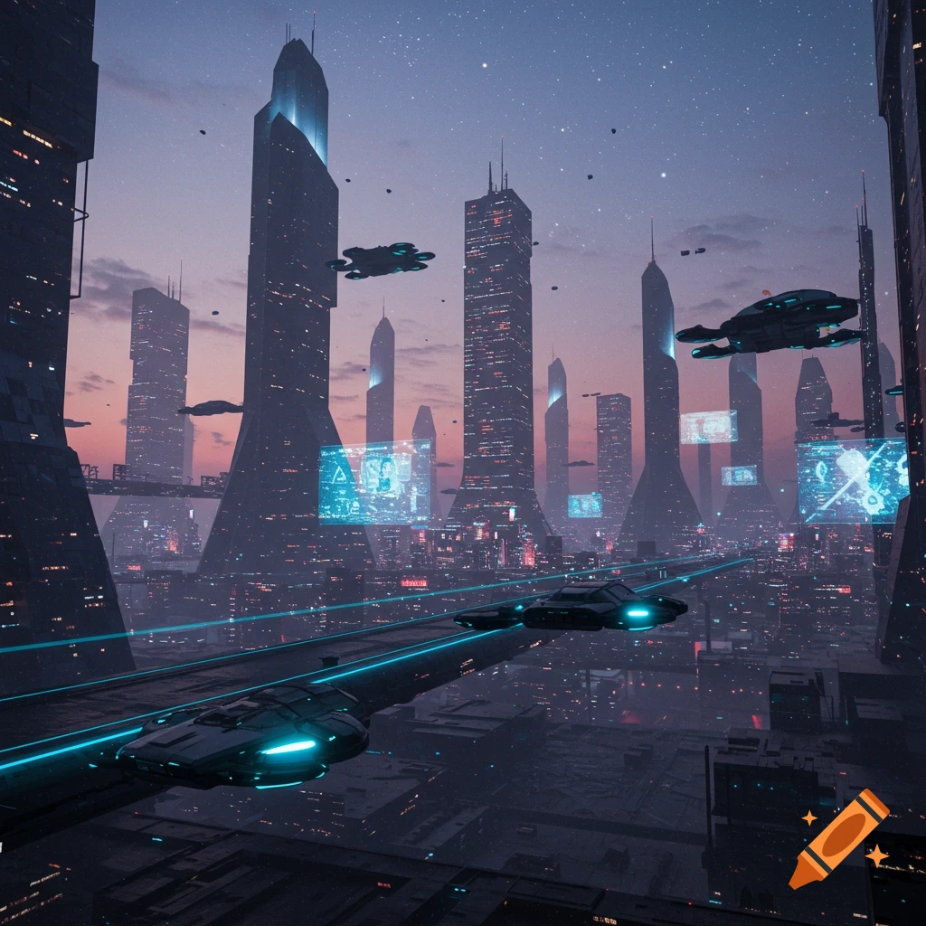 A futuristic cityscape at twilight with glowing skyscrapers, flying vehicles, and neon-lit sky-lanes under a starry sky.