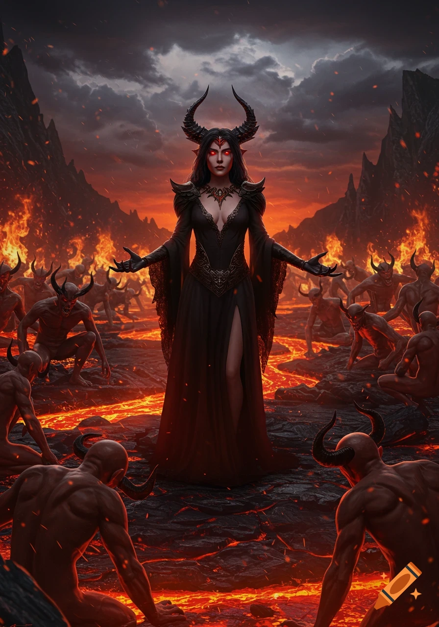 Photorealistic demonic queen with horns, Lilith, stands with outstretched arms in a fiery hell surrounded by demons.