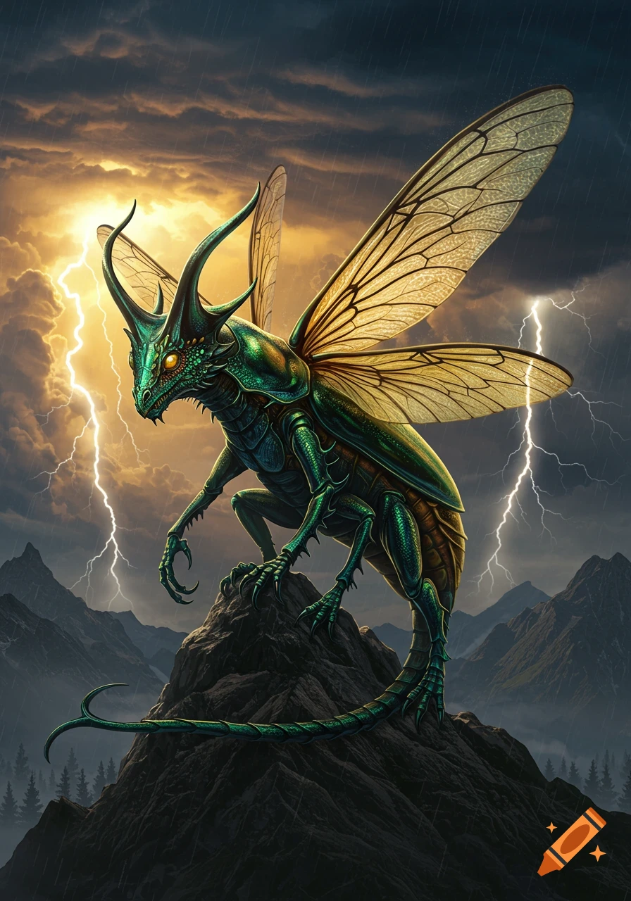 A green, horned beetle-dragon with translucent wings perches on a rocky peak during a stormy mountain lightning strike.