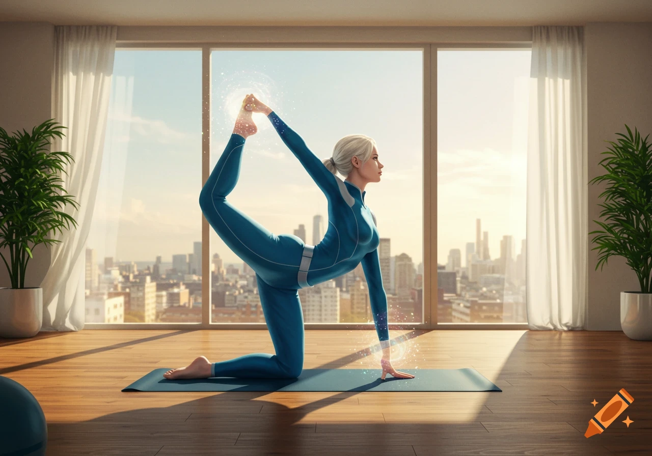 Woman in teal bodysuit in a yoga pose on a mat by a large window overlooking a city.