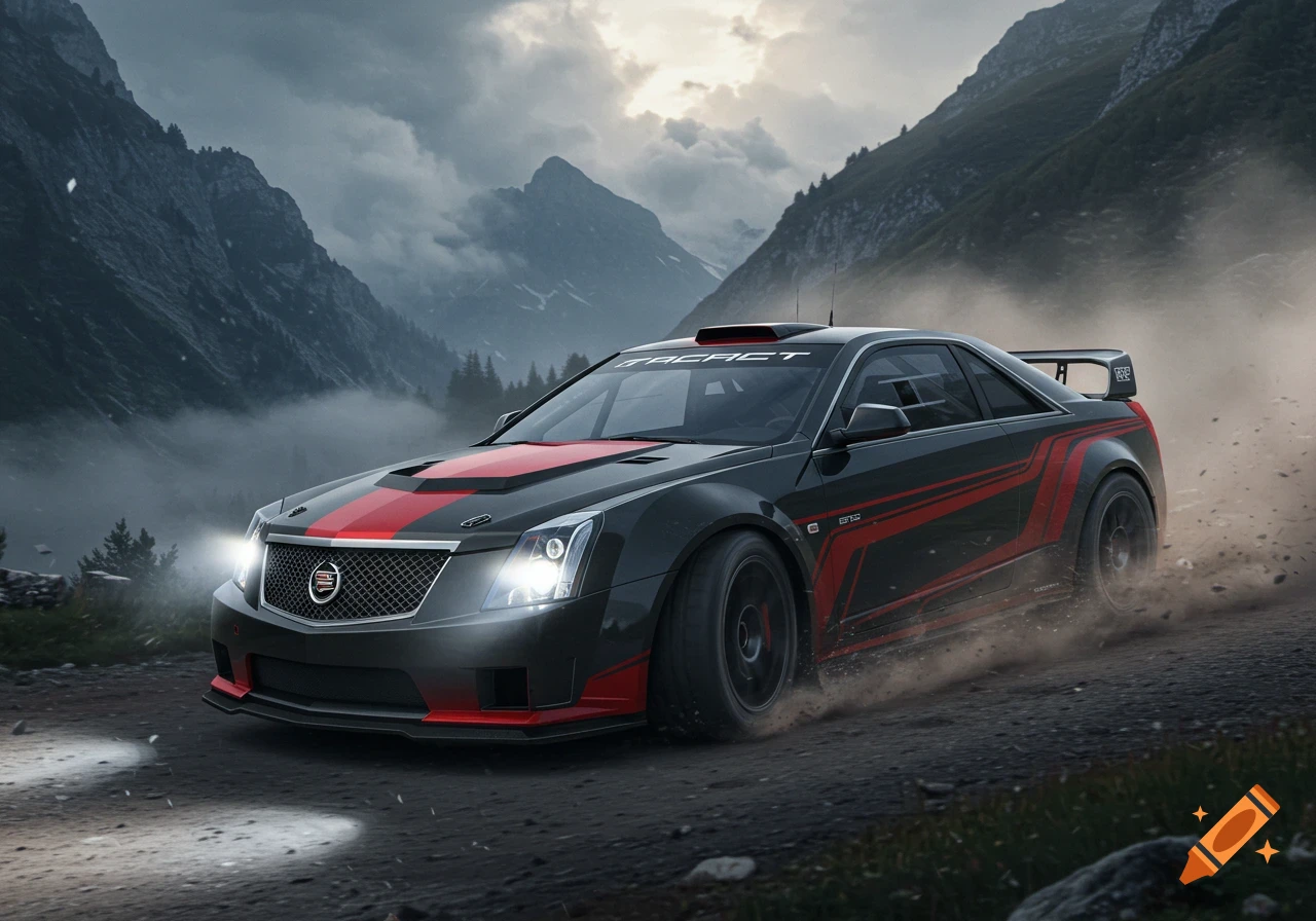 Dark gray rally car with red stripes kicking up dust on a dirt road with misty mountains under an overcast sky.