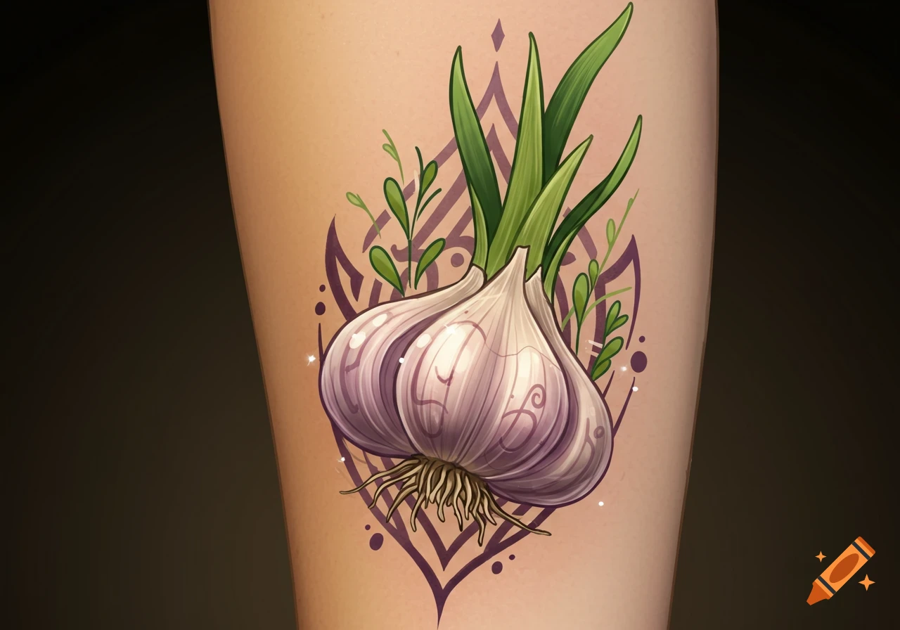 A vibrant illustration of a garlic tattoo with green sprouts and purple decorative elements on a light-skinned leg.