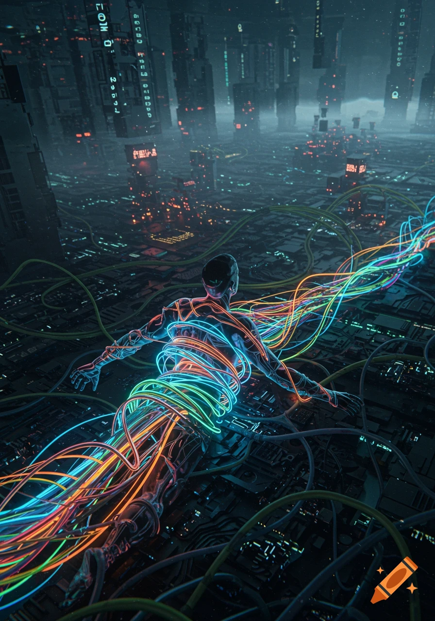 A glowing human-like figure is entangled in a mass of brightly colored, glowing network cables, floating above a sprawling, dark, futuristic cityscape filled with digital lights and tall buildings. Digital art.
