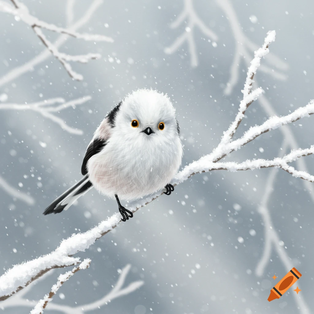 A fluffy white long-tailed tit bird with orange eyes perches on a snow-covered branch in a snowy winter scene.