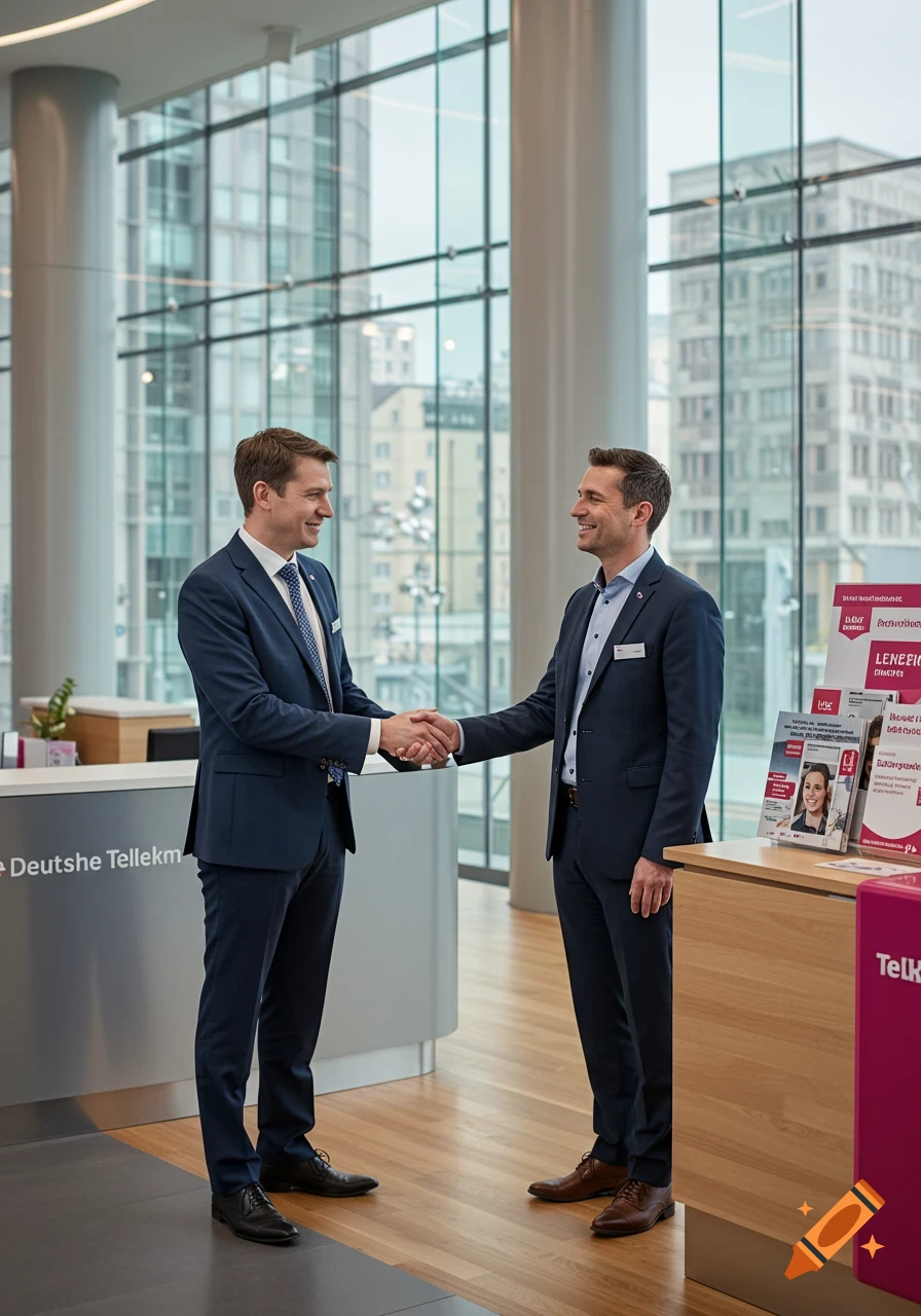 Two smiling men in suits shake hands in a modern office lobby with "Deutsche Telekom" visible. Photorealistic.