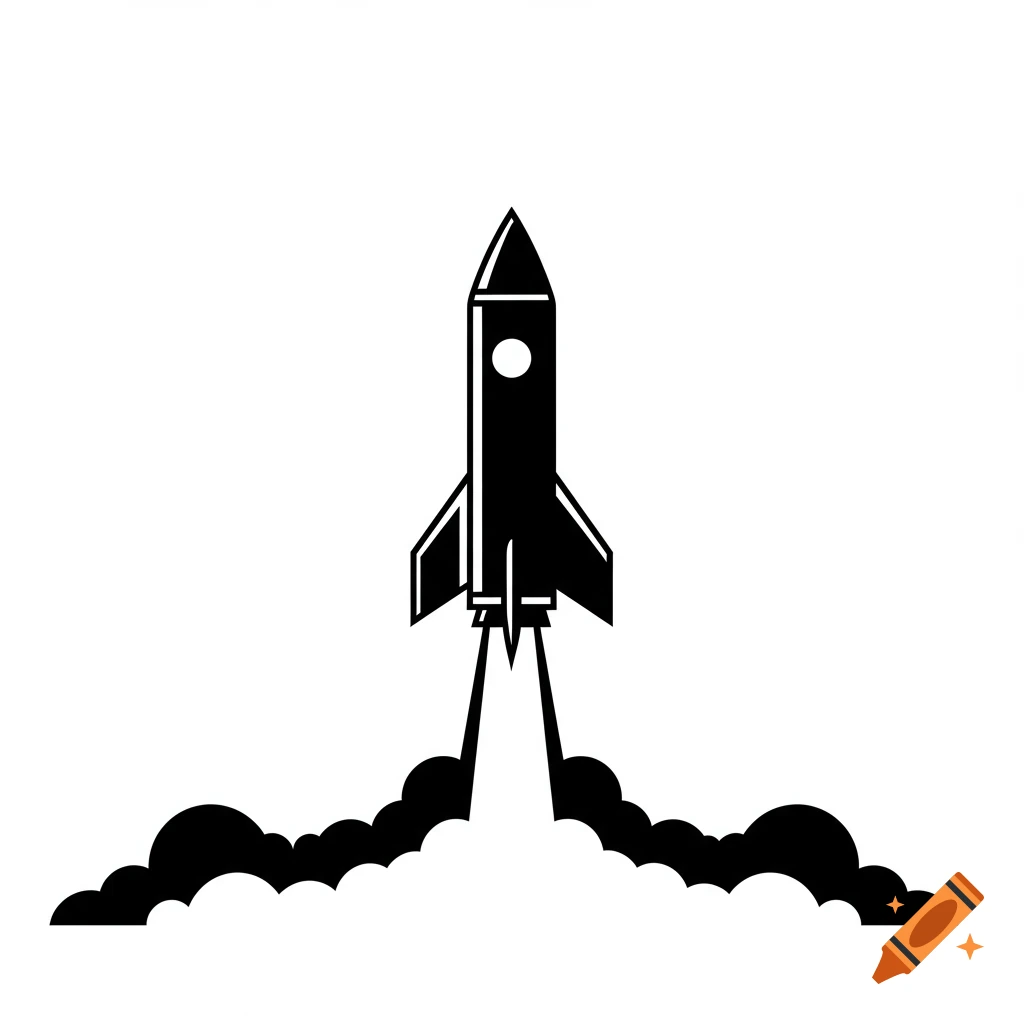 Simple black and white graphic icon of a rocket launching with smoke plumes.