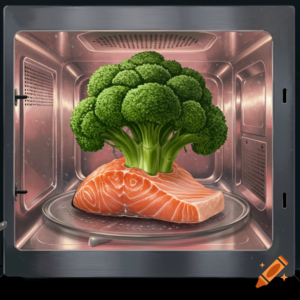 A large broccoli plant emerges from a raw salmon fillet, both sitting inside a stainless steel microwave oven.