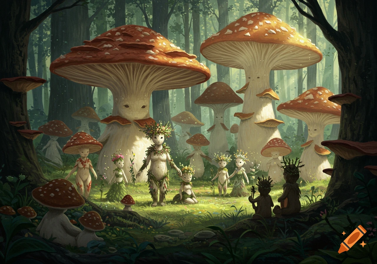 A vibrant, painterly scene of mushroom-human hybrid creatures in a lush, sunlit forest filled with giant mushrooms.