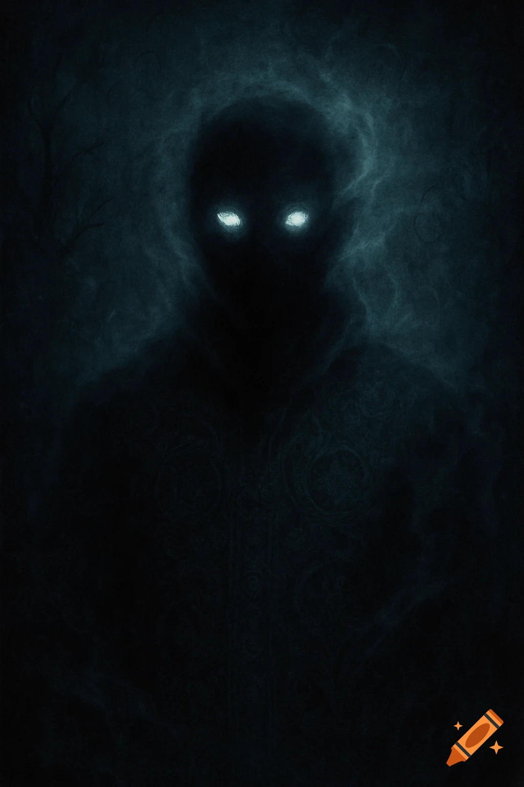 A dark, shadowy figure with bright glowing eyes and an ethereal aura, set against a deep blue-black background with subtle patterns.