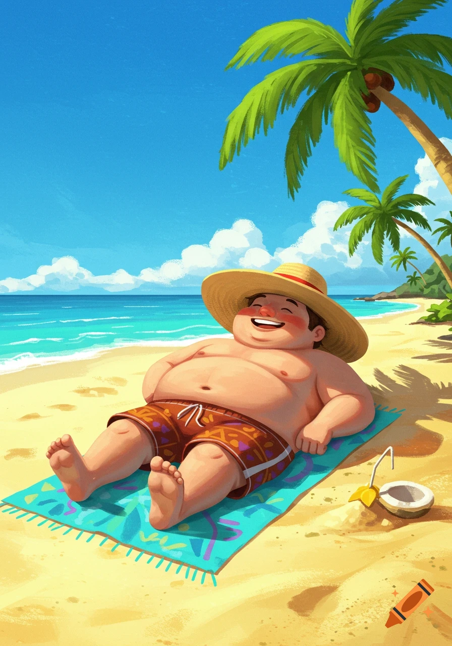 A happy cartoon man in a straw hat and swim shorts lounges on a towel on a sunny tropical beach under palm trees.