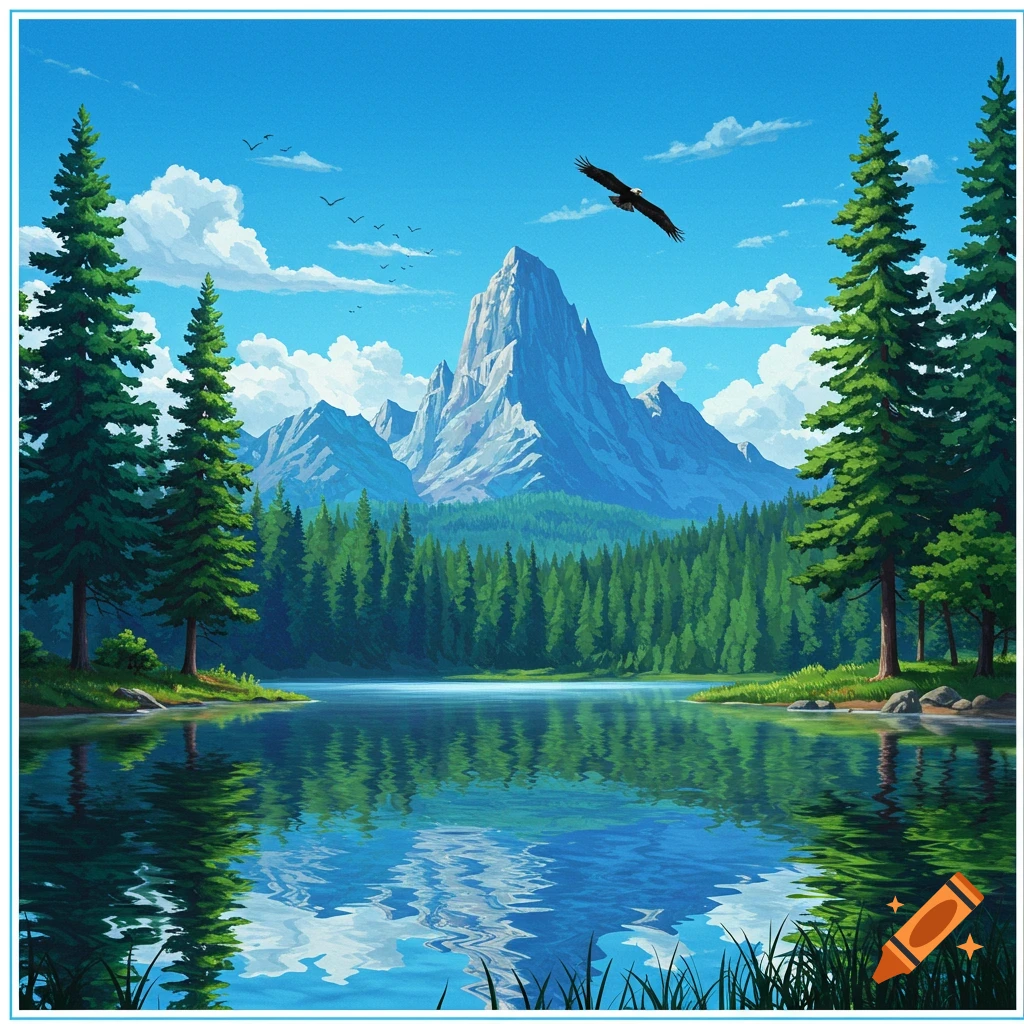 Vibrant illustration of a mountain and pine forest by a clear lake with reflections, an eagle soaring in a blue sky.