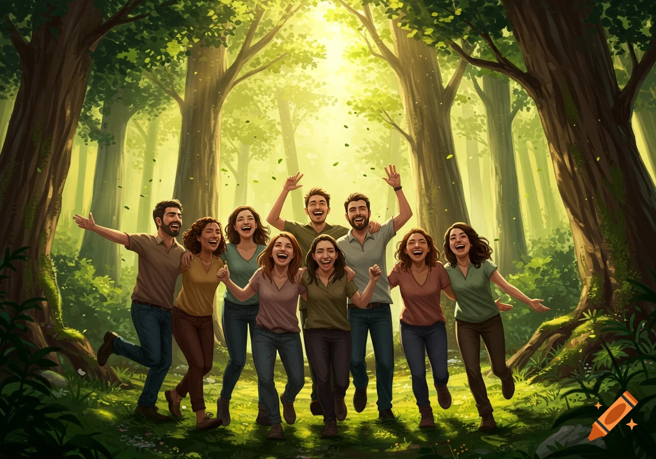 A group of happy people running through a vibrant, sunlit forest.