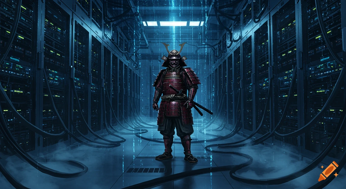 A samurai warrior in red armor stands in a futuristic data center glowing with blue light.
