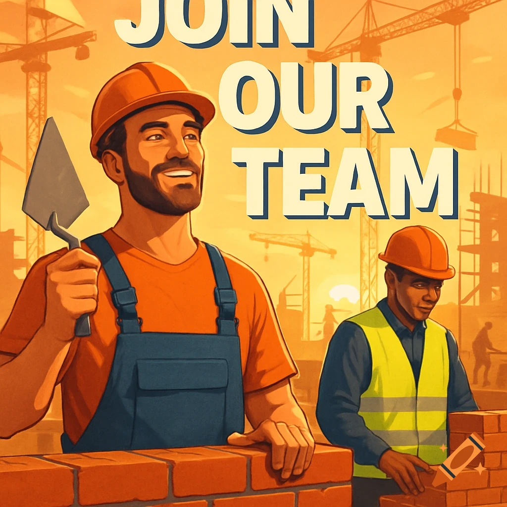 Illustration of two construction workers, one with a trowel, in front of brickwork and cranes, with 'JOIN OUR TEAM' text.
