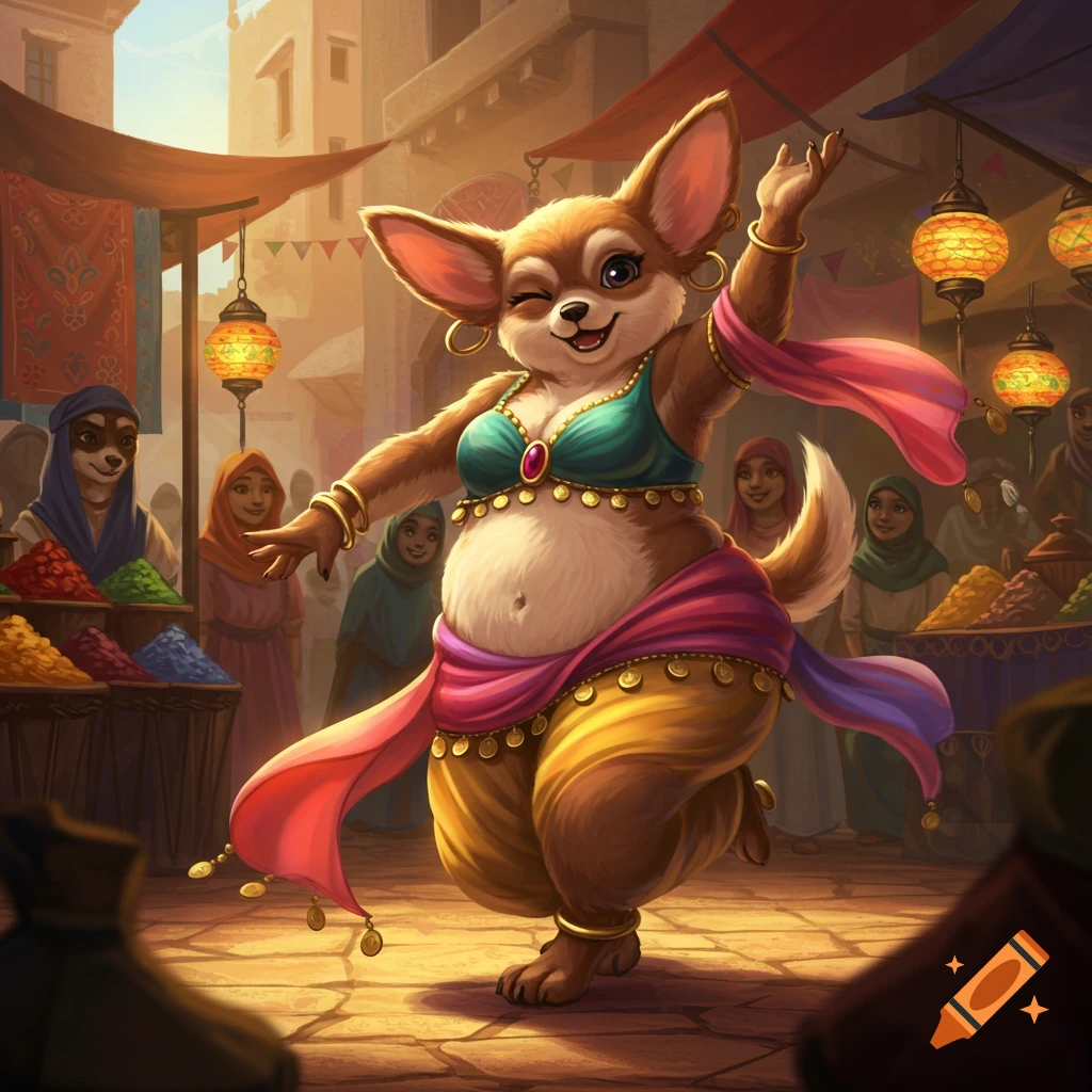 A chubby anthropomorphic chihuahua in an ornate belly dancing costume with gold coins and sashes dances in a bustling market street.