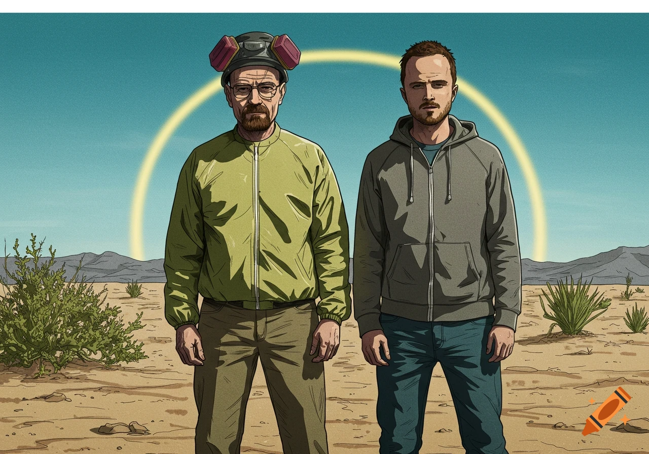 Illustrative image of Walter White with a gas mask on his head, and Jesse Pinkman in a hoodie, standing in a desert.