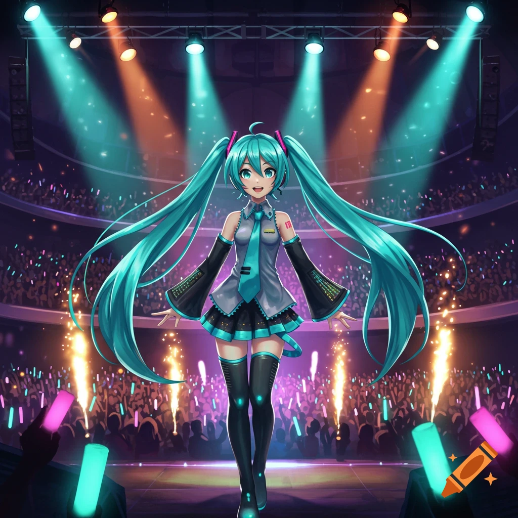An anime character, Hatsune Miku, with long turquoise pigtails, stands on a stage bathed in teal and orange spotlights, performing for a large crowd holding glowsticks and sparklers.
