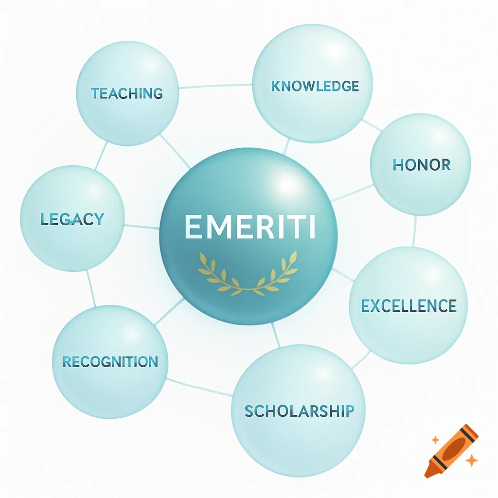 Conceptual bubble diagram with 'Emeriti' at center, surrounded by 'Teaching', 'Knowledge', 'Honor', 'Excellence', 'Scholarship', 'Recognition', 'Legacy'.