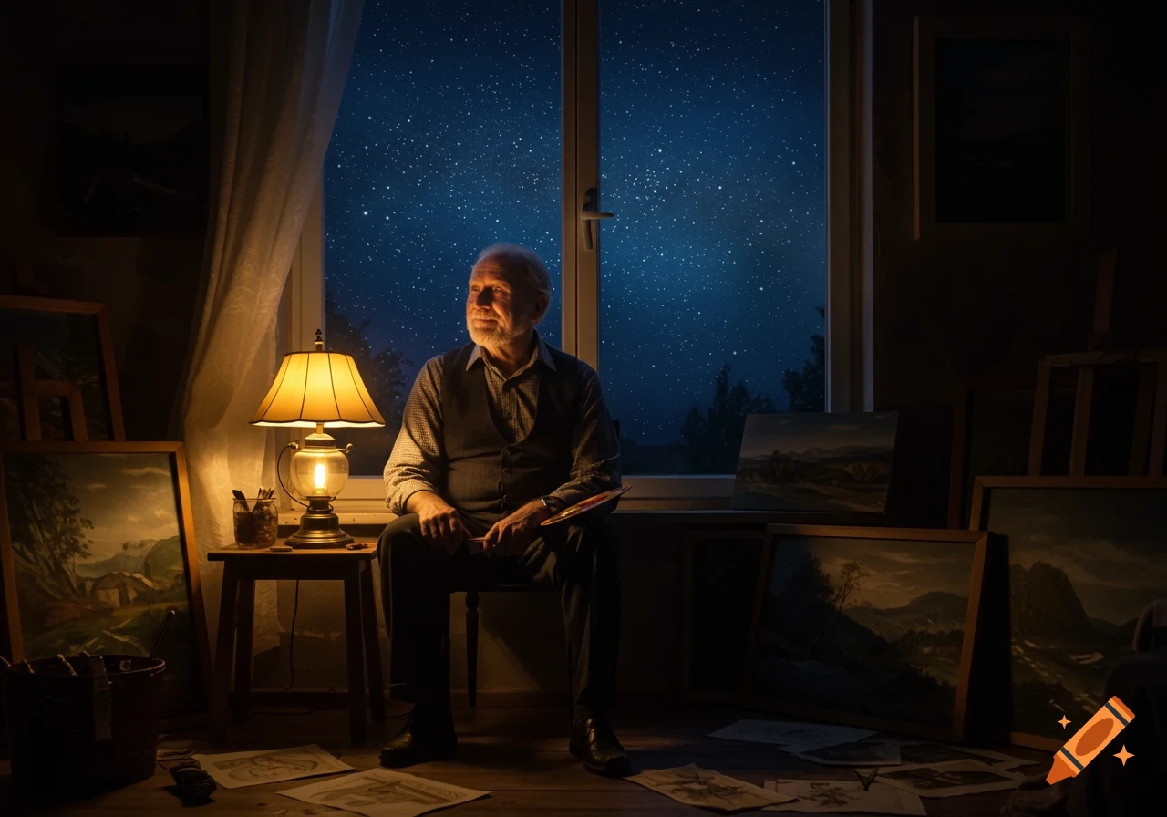 An elderly man sits by a window at night, looking at a starry sky, with a lamp and paintings around him.