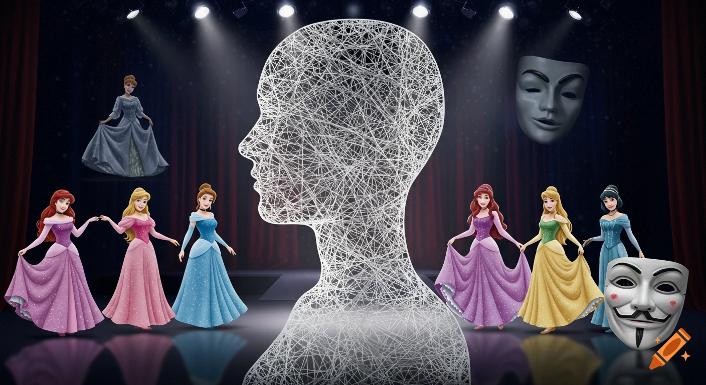 A large white wireframe head on a dark stage with spotlights. Surrounding it are Disney princesses in colorful gowns and two theatrical masks, one Guy Fawkes.