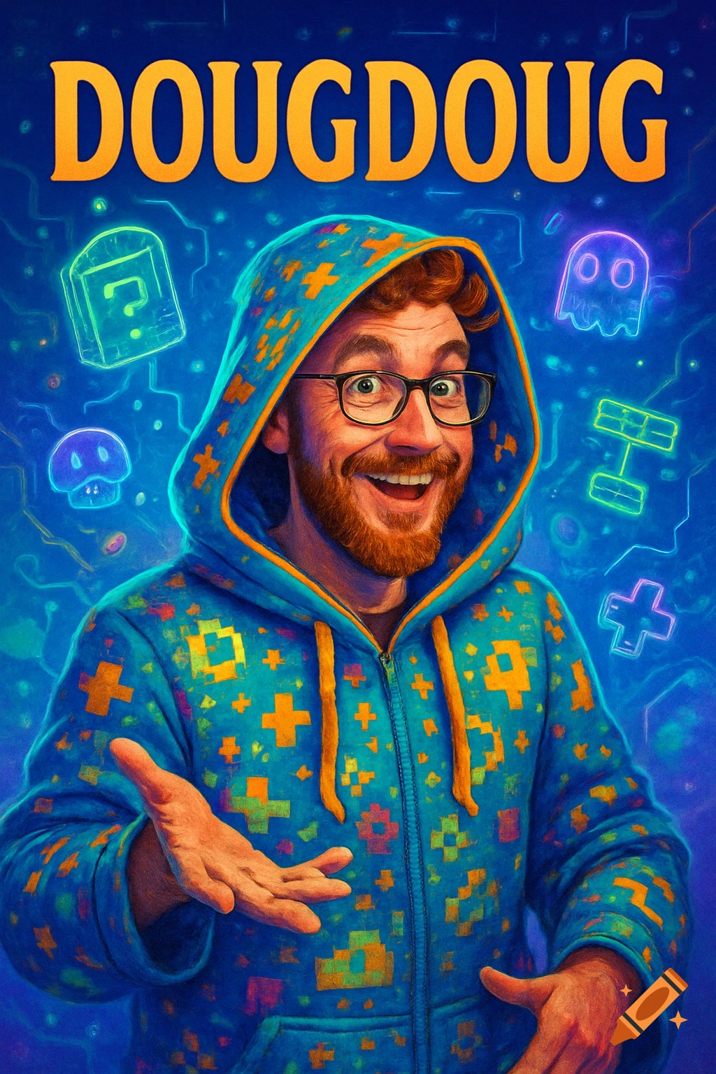 Digital art of a smiling, bearded man in a pixelated blue hoodie with glowing gaming icons. Text reads DOUGDOUG.