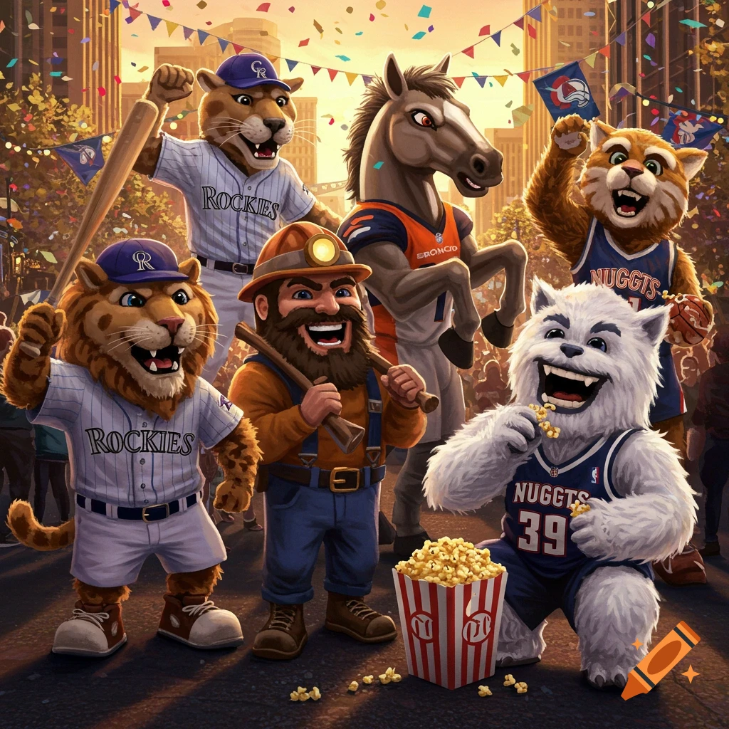 A collage of cheerful Colorado sports mascots, including two Rockies baseball players, a Broncos horse, a miner, and two Nuggets basketball players, celebrating with confetti and popcorn on a city street in a vibrant cartoon style.