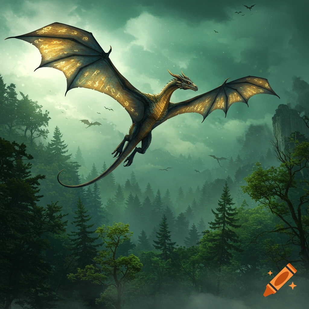 A majestic dragon with glowing, runic wings soars through a misty green forest under a dark sky.