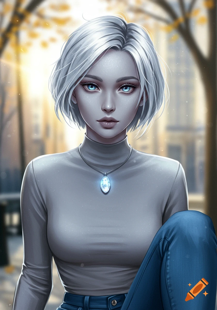 A young woman with short silver hair, blue eyes, and pale skin, wearing a grey turtleneck and blue jeans, with a glowing pendant.