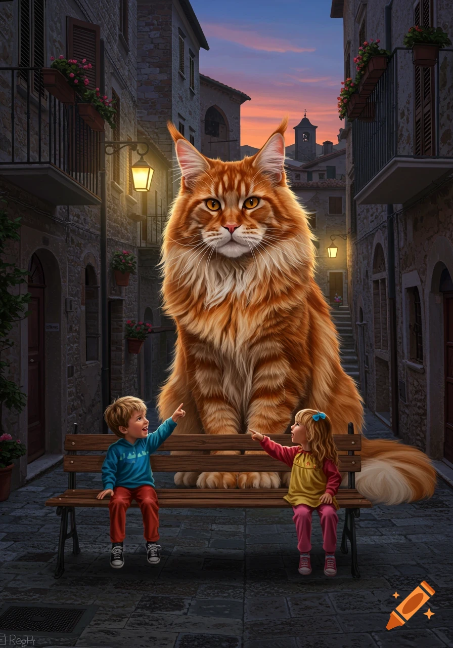A giant ginger Maine Coon cat sits on a bench between two excited children in a dusky Italian village street.